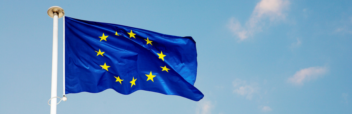 EU flagga med blå himmel i bakgrunden